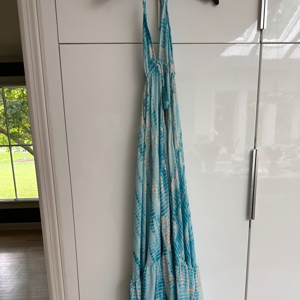 Long blue and gold/white tie dye summer dress